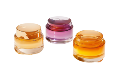 Set of three beauty products housed in identical glass packaging offering a refined and coordinated appearance isolated on transparent background PNG