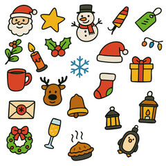 Christmas holiday Santa Claus snowman star candle gift box wreath reindeer bell lantern mitten cup holly berry tag light string penguin pie