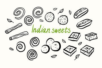 Ink sketch with Indian sweets on isolated background. Vector banner with hand drawn Barfi, candy, Gulab Jamun, Sandesh dessert, cinnamon, holiday treats, Vaisakhi. Food and traditional Hindu pastry