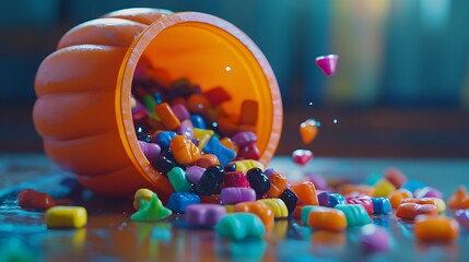 Halloween candy spilled from pumpkin bucket for trick or treat celebration sweet tooth colorful treats
