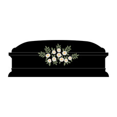 Black coffin with white flowers vector illustration for funeral. Hand drawn mourning design element for burial, farewell, grief ceremony invitation card, sign, logo. Cemetery, Christianity culture