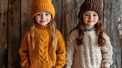 Two cute girls wearing winter outfits knitted sweaters and hats fashion photoshoot for children apparel