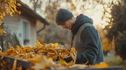 Man cleaning gutter of autumn leaves home maintenance fall cleanup seasonal chores house exterior preparation