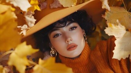 Portrait of a beautiful woman in autumn leaves wearing a hat and sweater for seasonal fashion look