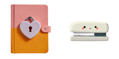 A cute diary with a heart shaped lock and a cheerful stapler. A sweet combination for everyday stationery needs.