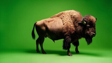 A majestic bison standing tall against a vibrant green background in a studio setting green screen video - Powered by Adobe