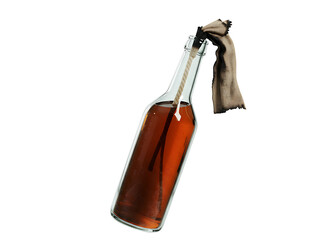 Molotov cocktail in a glass bottle with a burning wick isolated on transparent background
