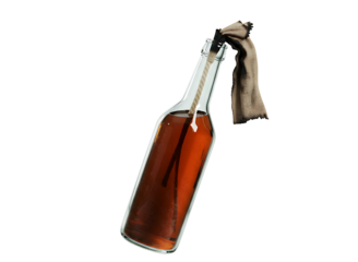 Molotov cocktail in a glass bottle with a burning wick isolated on transparent background