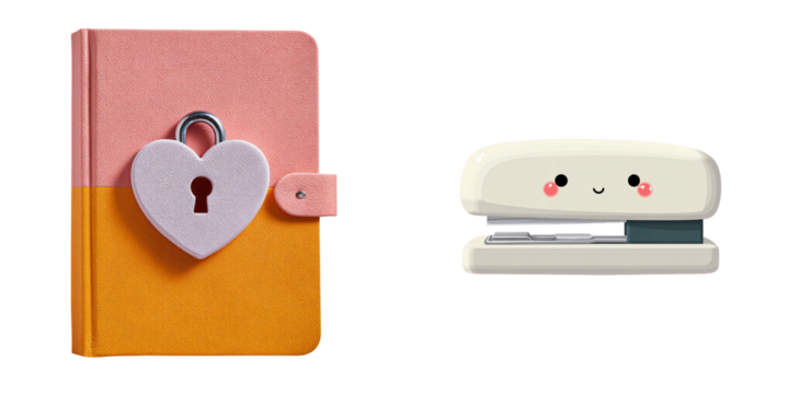 A cute diary with a heart shaped lock and a cheerful stapler. A sweet combination for everyday stationery needs.