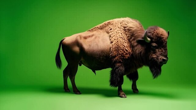 A majestic bison standing tall against a vibrant green background in a studio setting green screen video