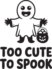 Black silhouette of a happy ghost holding a pumpkin candy bucket with text halloween white