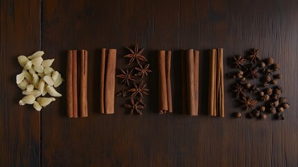 Top view of aromatic spices arrangement: garlic, cinnamon sticks, star anise and peppercorns on wood