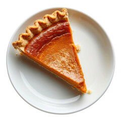 A slice of classic pumpkin pie with golden crust on a white plate isolated on a transparent PNG background - perfect for Thanksgiving or a cozy fall dessert.