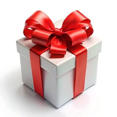 Obraz premium A white gift box with a red ribbon and bow is isolated on white background
