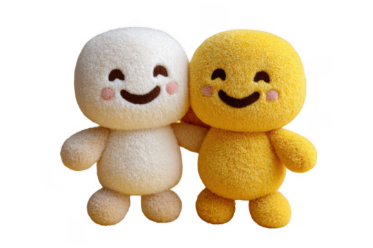 Two fluffy cartoon characters hugging with happy smiles isolated on transparent background