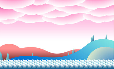 Abstract hills with wavy water and beach