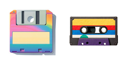 Obraz premium A comparison of retro data storage device, a floppy disk and audio cassette tape, against a neutral backdrop. The floppy disk displays a rainbow-colored design and tape shows the color strip 
