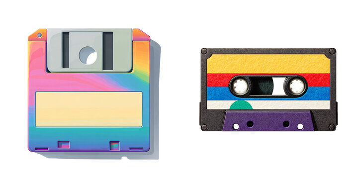 A comparison of retro data storage device, a floppy disk and audio cassette tape, against a neutral backdrop. The floppy disk displays a rainbow-colored design and tape shows the color strip 