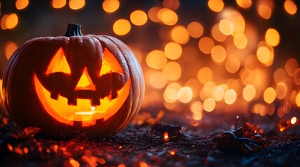 Glowing jack o lantern with festive lights for autumn celebration and spooky season decoration idea design