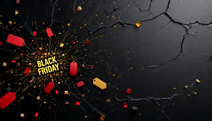 Black friday sale explosion with red and gold tags and confetti on cracked surface