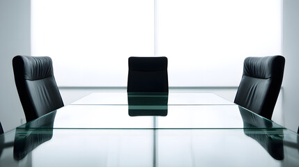 Modern office meeting room with glass table and leather chairs, conveying professionalism and corporate efficiency.