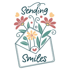 Cheerful "Sending Smiles" design with flowers in an envelope for spreading joy and positivity
