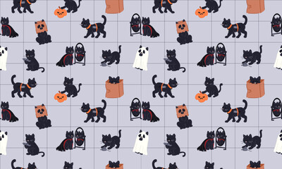 Seamless Halloween Pattern with Cute Black Cats character in thematic Costume