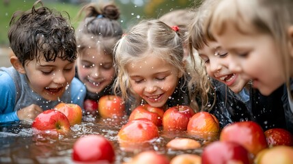 Happy children bobbing for apples at fall festival game activity with friends and family outdoor fun event