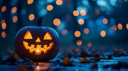 Spooky carved pumpkin with glowing lights for october celebration and autumn season festive decoration