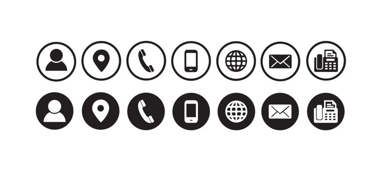 Contact Information Icons: A set of modern, circular icons elegantly representing key communication methods, essential for easy connectivity and information sharing. 