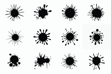Variety of Black Ink Splatter Silhouettes and Grunge Elements Isolated on a White Background
