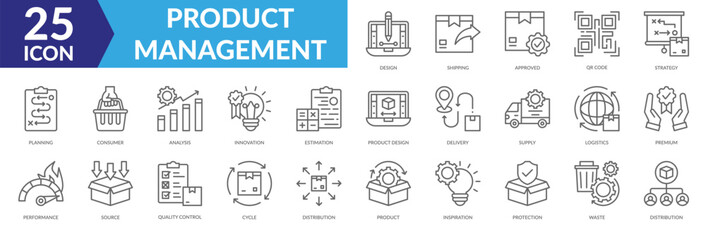 Waste management icon collection set. Containing Planning, Consumer, Analysis, Innovation, Estimation, Design, Shipping, Approved, Qr Code, Strategy icon. Simple line vector.