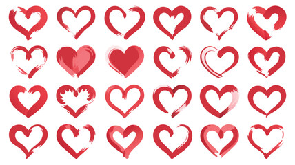 Variety of Red Heart Illustrations with Brush Stroke Texture and Shapes on a White Background