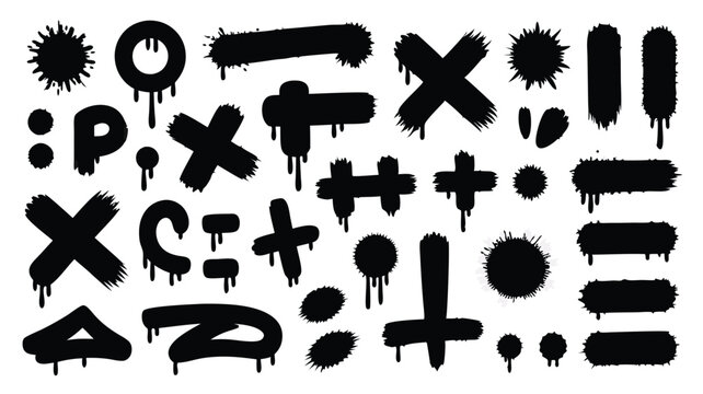 Variety of Black Graffiti Style Shapes Splatters, Lines, Crosses, Letters, and Mathematical Symbols