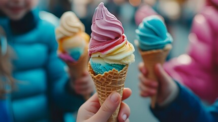 Delicious summer treat: colorful ice cream cones for kids and adults on a sunny day vacation time fun