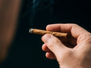 close up of a man's hand holding a cigarette isolated on black background