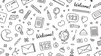 Naklejka premium Whimsical Back to School Doodle Pattern Seamless Black and White Design Featuring School Supplies