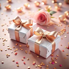 Obraz premium Two white gift boxes with gold ribbons and a pink rose are shown on a pink background