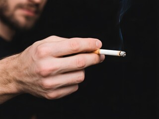 close up of a man's hand holding a cigarette isolated on black background