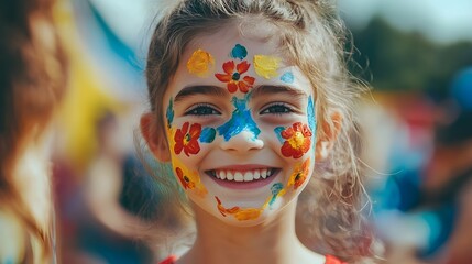 Portrait of a joyful young girl with colorful face paint designs for party and festival fun activity