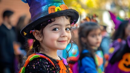 Cute girl in witch costume for trick or treat halloween celebration event portrait photography image