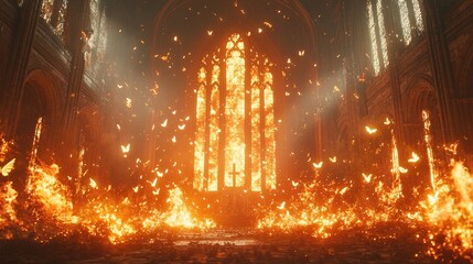 Burning cathedral interior with numerous butterflies in flames.
