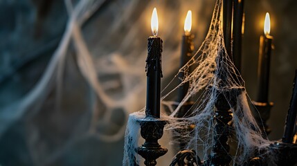 Spooky halloween decoration with candles and spiderwebs for a festive haunted house atmosphere party decor