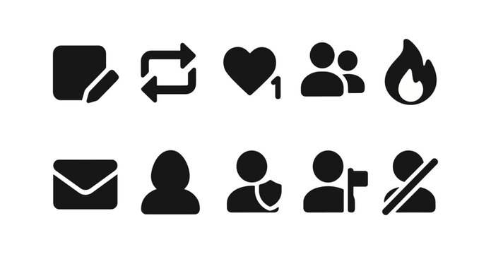 Social media solid icon set. communication, interaction symbols for digital use