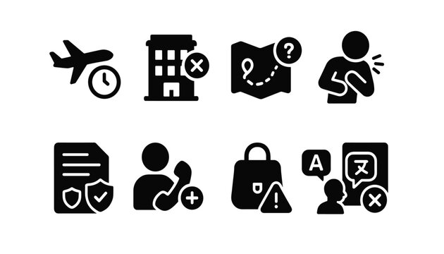 Travel and safety solid icon set. seamless journey, secure trip icons collection