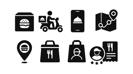 Food delivery, takeout solid icon set. restaurant, meal ordering solid icons collection