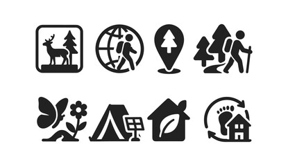 Hiking and nature silhouette icon set. adventure, outdoors, camping silhouette collection