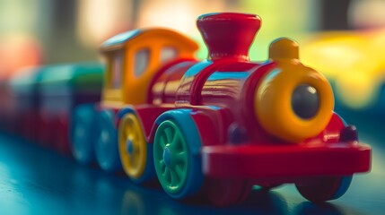 Close up of colorful toy train locomotive engine and carriages for kids playtime fun and childhood memories