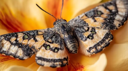 Close up of a beautiful painted lady butterfly resting on a vibrant yellow flower in a garden setting