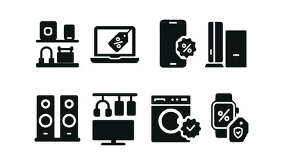 Home appliance solid icon set. essential electronics for smart living